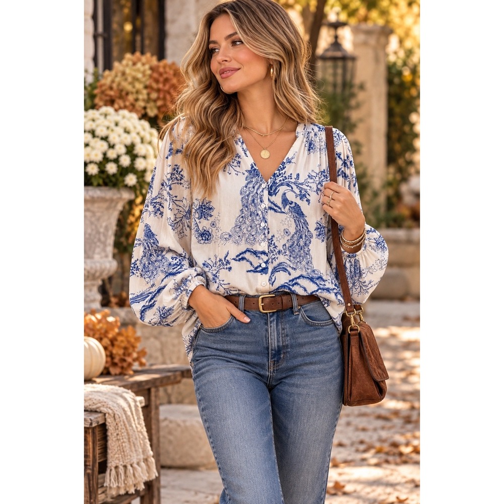 Free People Peacock Blouse Wmn XS Blue Chinoiserie Boho Metallic Balloon Sleeve
